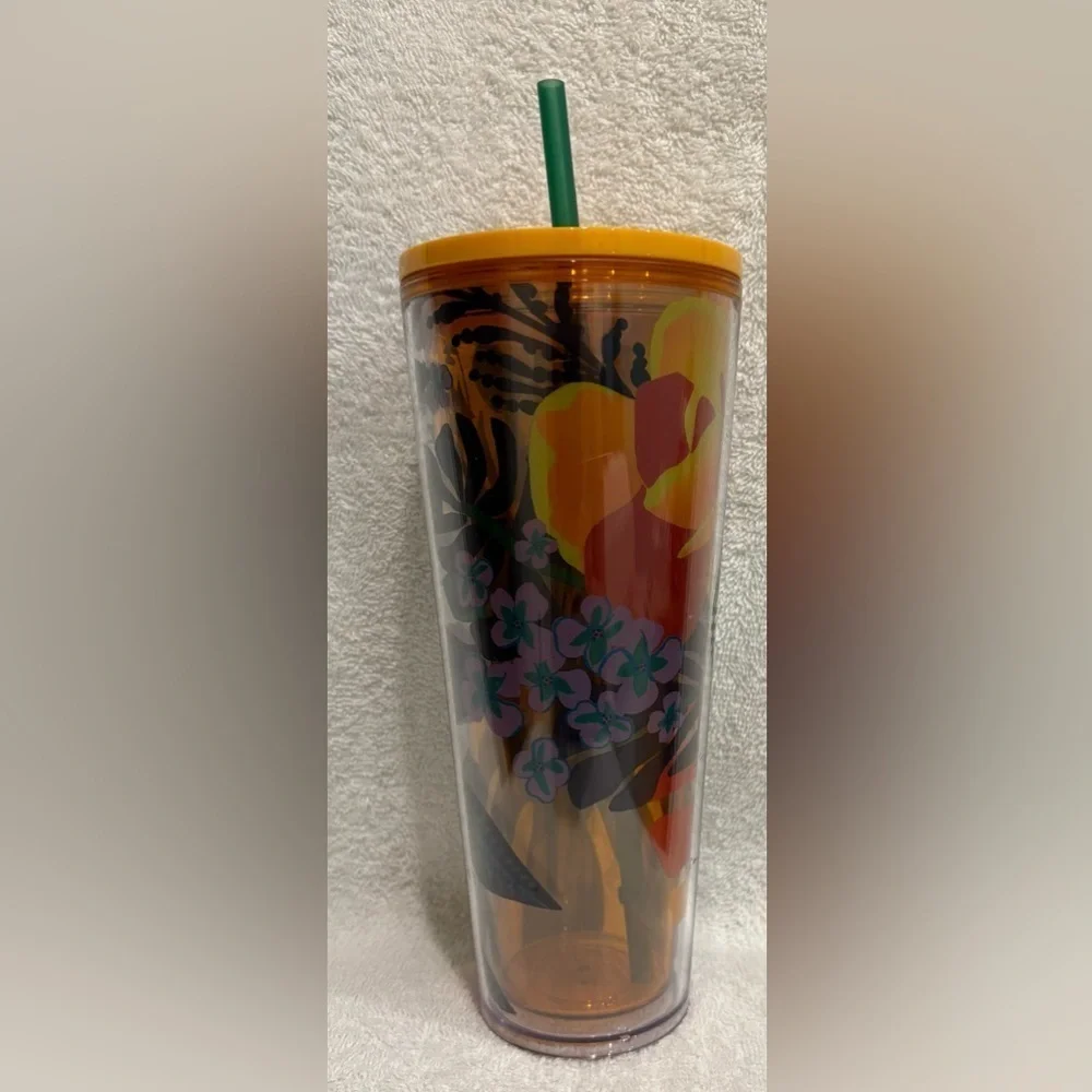 Starbucks tropical, orange design, Colorful Tumbler with Straw 24 ounce